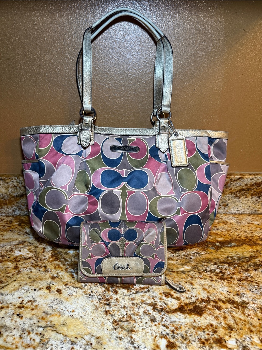 vintage Coach Signature Multicolor Sateen Tote Bag and Wallet Set